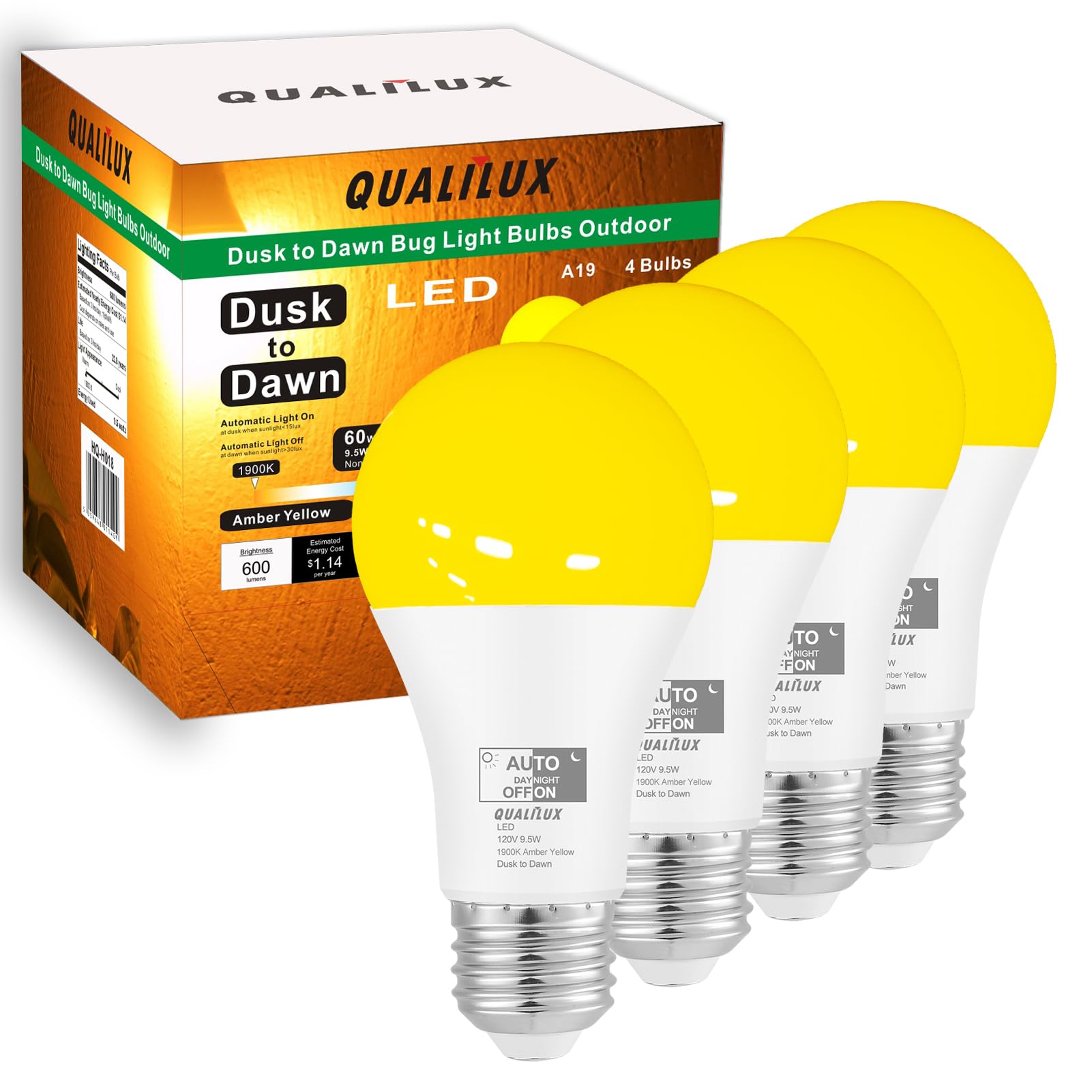 Qualilux Dusk to Dawn A19 LED Bug Light Bulbs Outdoor, 1900K Amber